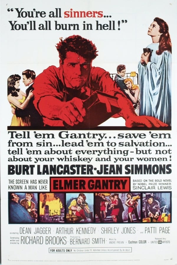 When hedonistic but charming con man Elmer Gantry (Burt Lancaster) meets the beautiful Sister Sharon Falconer (Jean Simmons), a roadside revivalist, he feigns piousness to join her act as a passionate preacher. The two make a successful onstage pair, and their chemistry extends to romance. Both the show and their relationship are threatened, however, when one of Gantry's ex-lovers (Shirley Jones) decides that she has a score to settle with the charismatic performer.