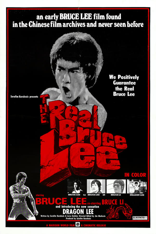 The Real Bruce Lee is a martial arts documentary. It begins with a brief biography of Bruce Lee, and shows scenes from four of his childhood films, Bad Boy, Orphan Sam, Kid Cheung, and The Carnival, each sepia-toned and dubbed to English. Next, there is a three-minute highlight reel of Lee imitator Bruce Li. Finally, there is a feature-length film starring Lee imitator Dragon Lee, which is obviously modeled after Bruce Lee's Fist of Fury.